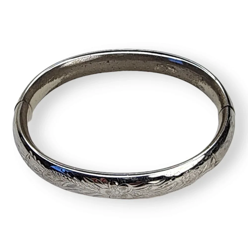 Vintage Sterling Silver 925 Hollow Hinged Signed HFB Bangle Bracelet